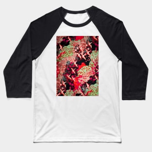 FLYING CRANES AND SPRING FLOWERS  Red Green Black Antique Japanese Floral Baseball T-Shirt